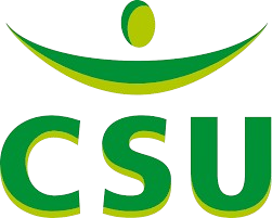 Green and yellow CSU logo with a curved line and dot forming a stylized human figure above the letters.